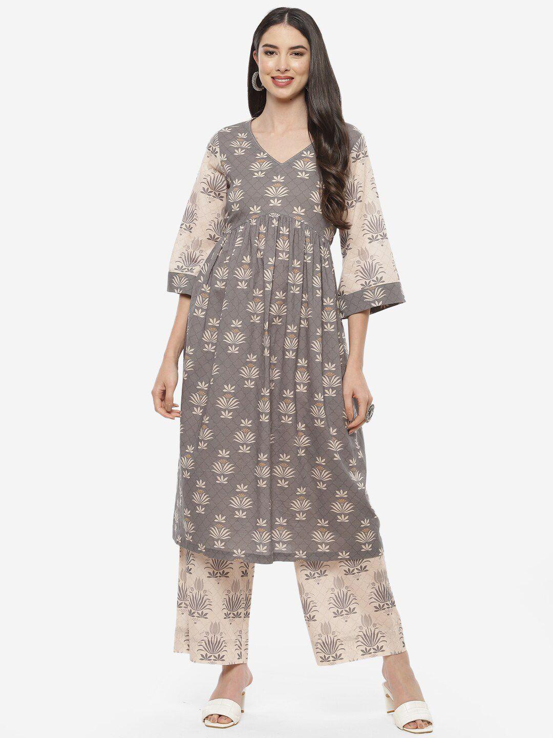 biba women grey ethnic motifs printed empire pure cotton kurta with trousers