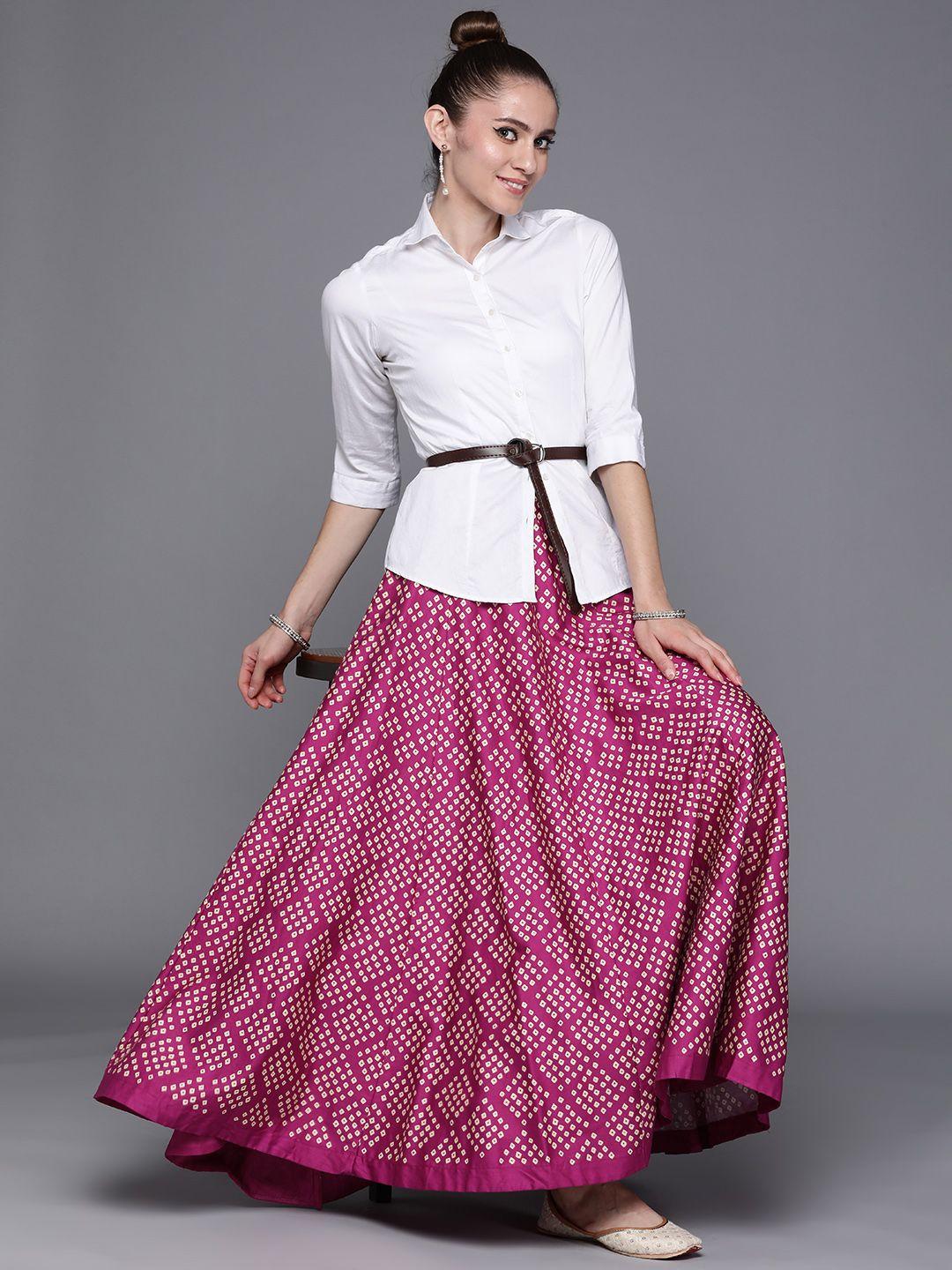 biba women magenta bandhani printed flared skirts
