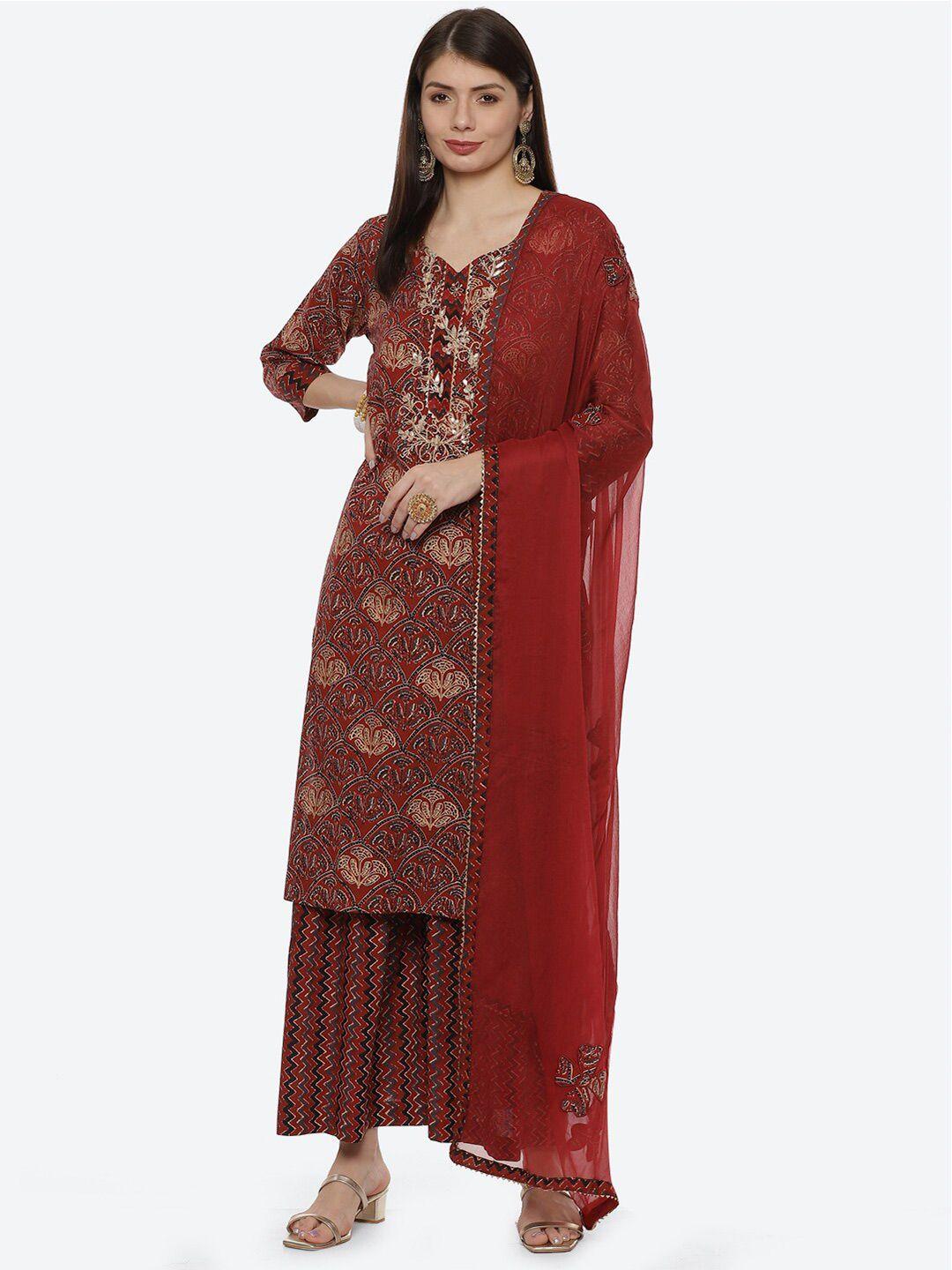 biba women maroon & red printed unstitched dress material