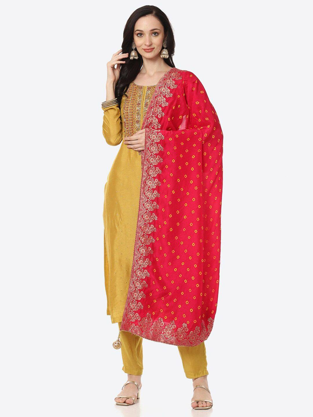biba women mustard & red embroidered unstitched dress material