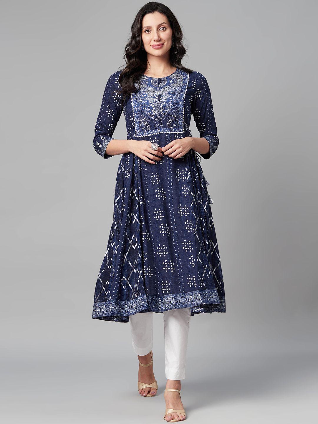 biba women navy blue & off white ethnic motifs printed anarkali kurta