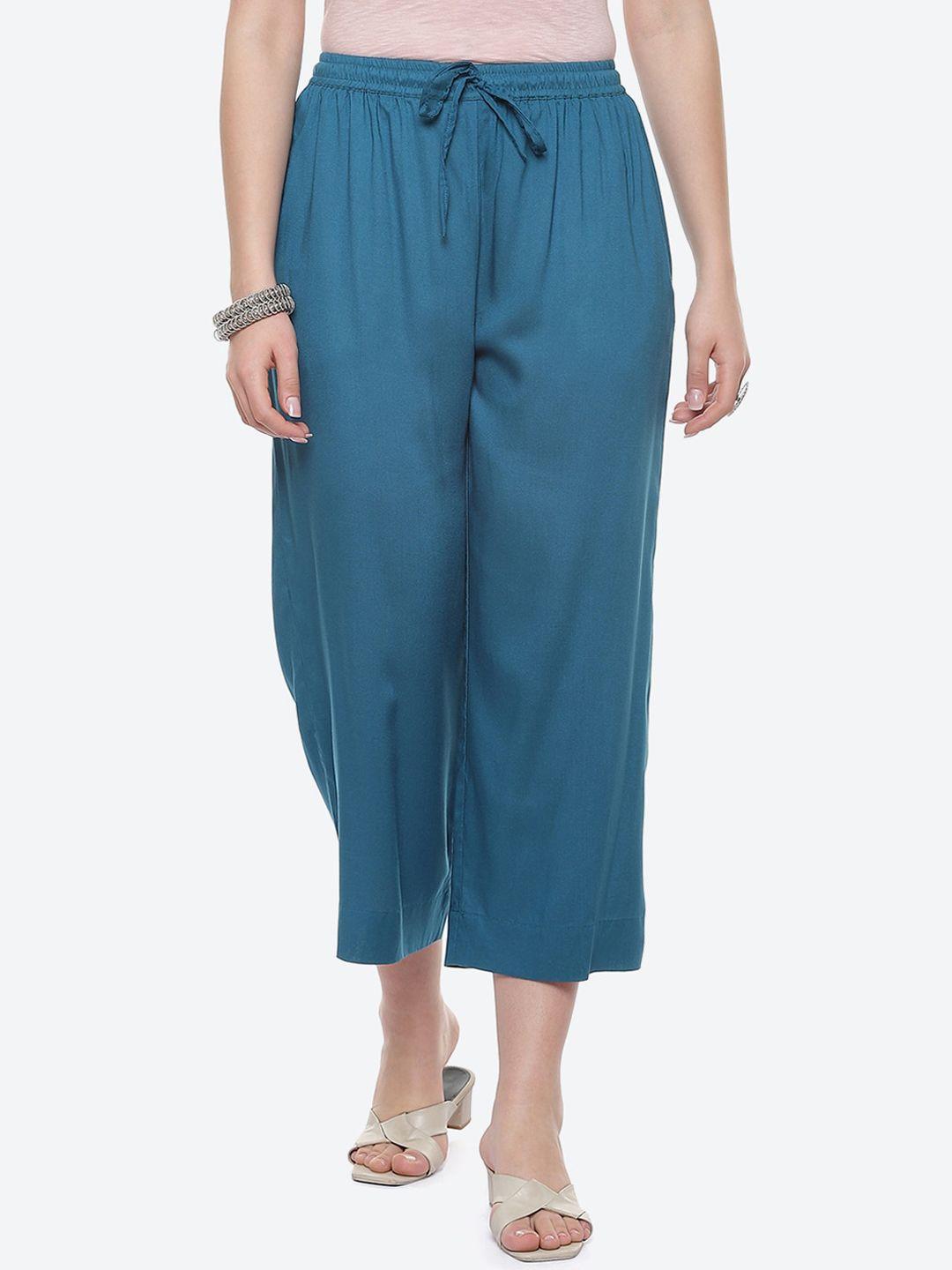 biba women navy blue solid straight fit culottes