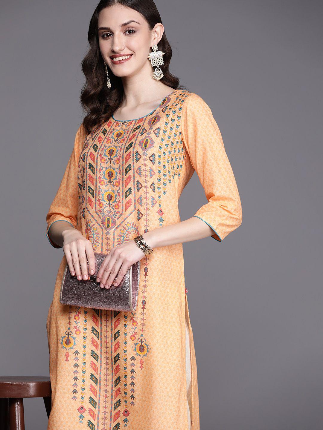 biba women orange & teal green pure cotton ethnic motifs printed kurta