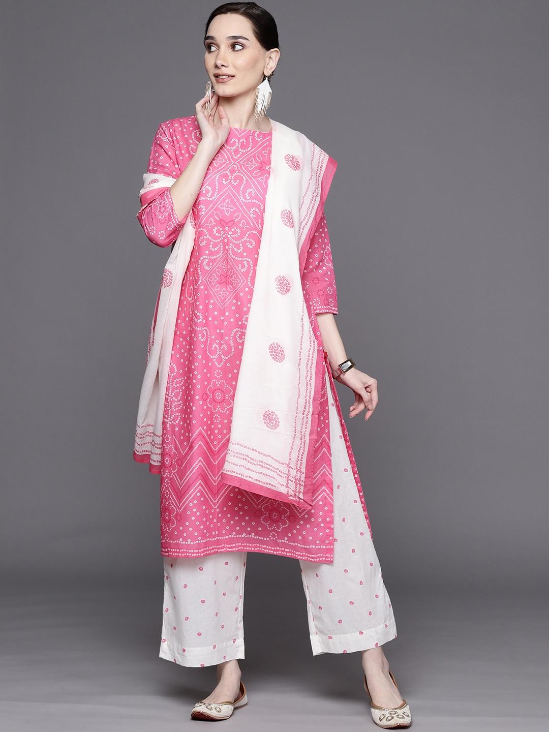 biba women pink & white bandhani print pure cotton kurta with palazzos & dupatta