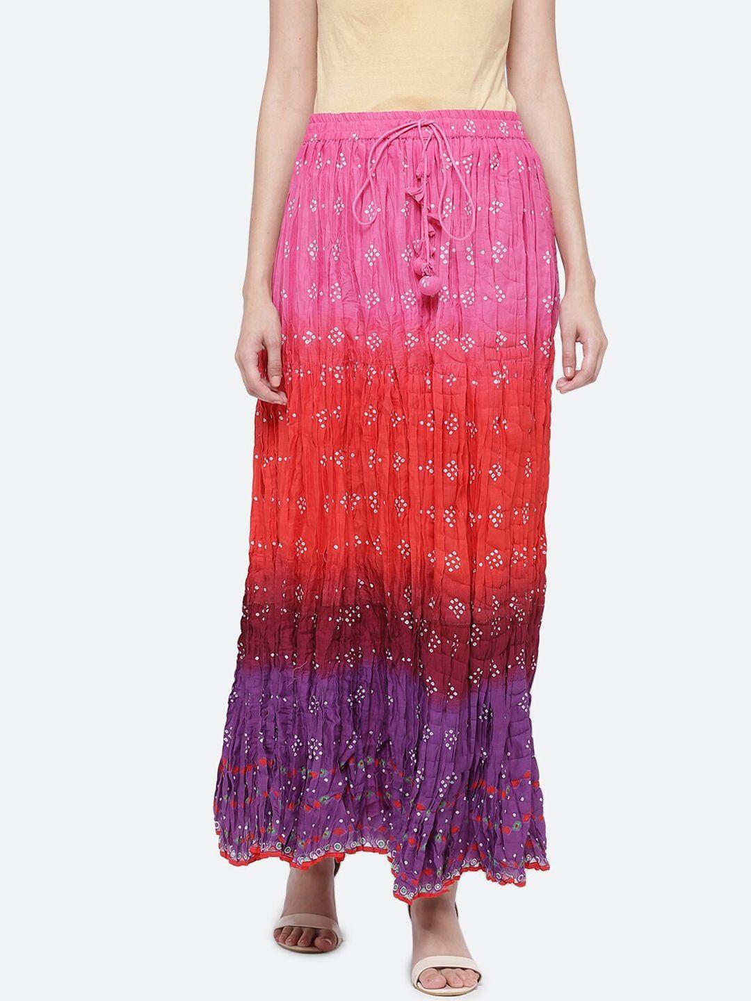 biba women red & pink printed pure cotton maxi flared skirt