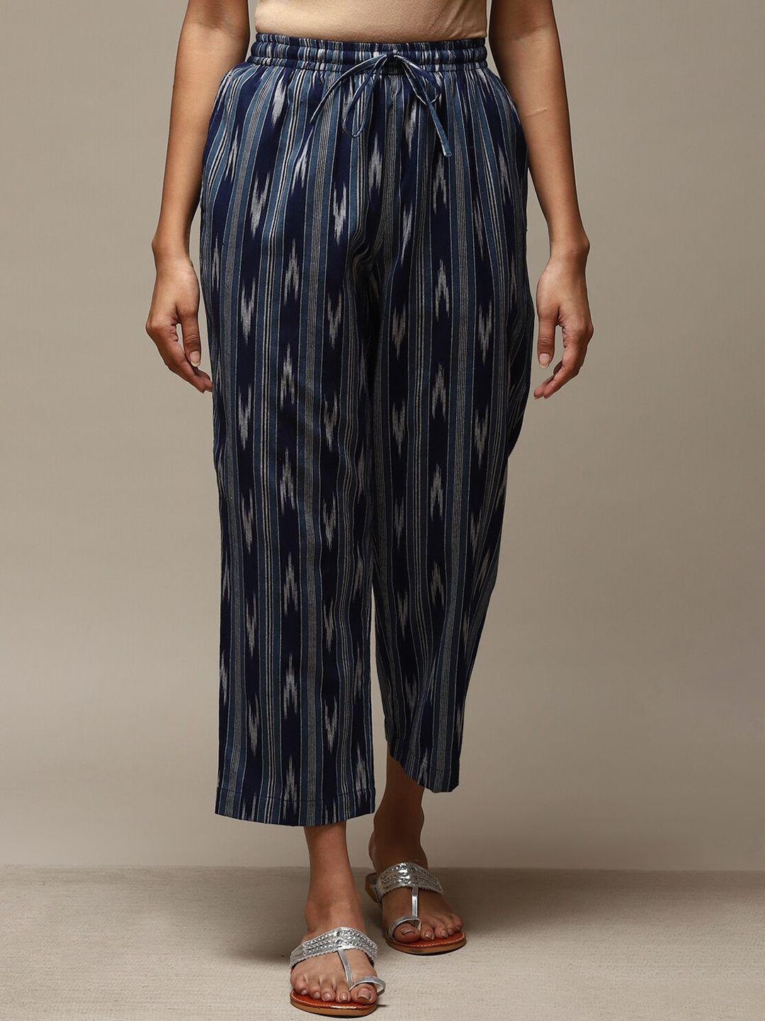 biba women relaxed striped mid-rise cotton trousers