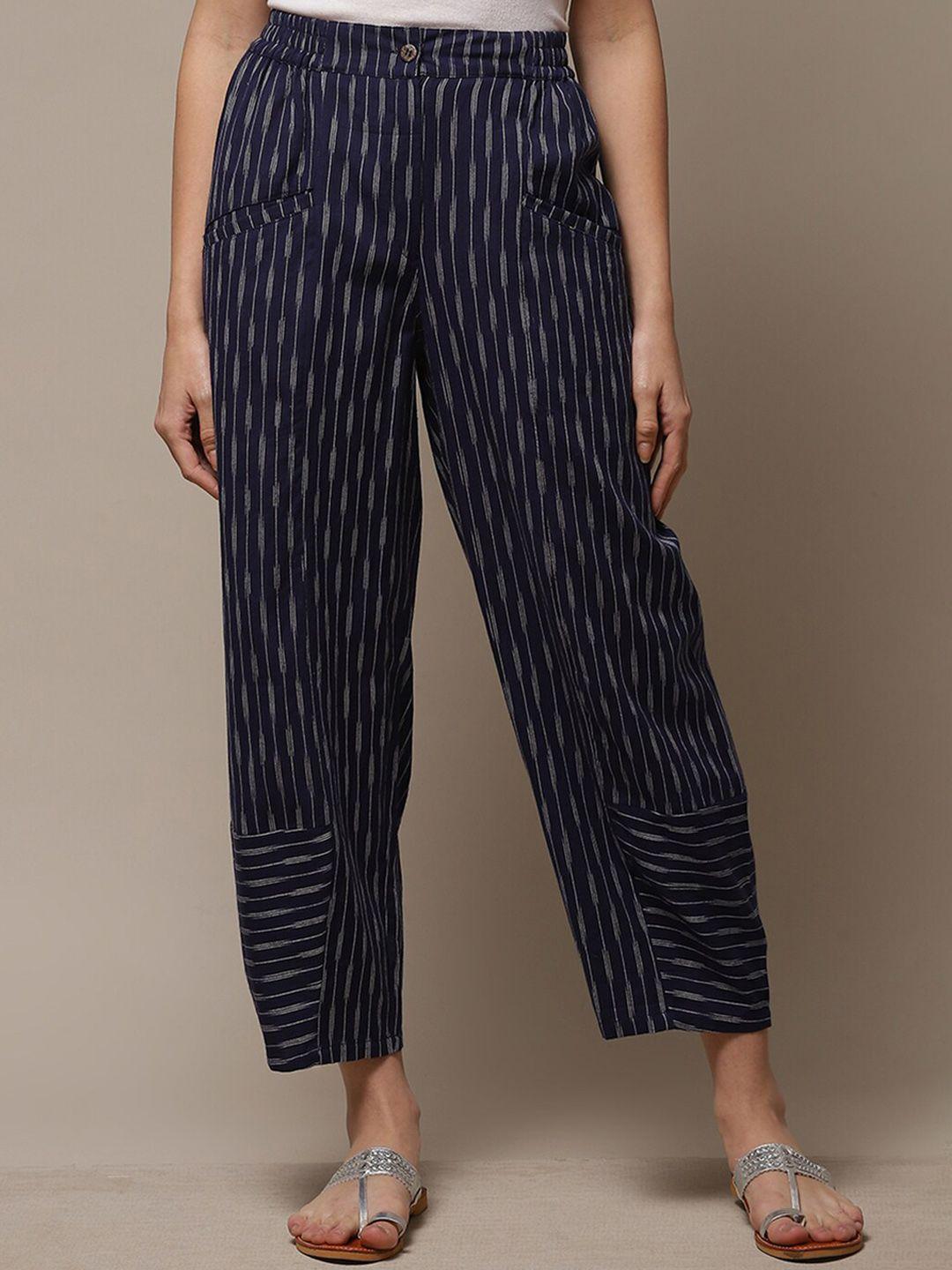 biba women striped relaxed straight fit cotton trousers