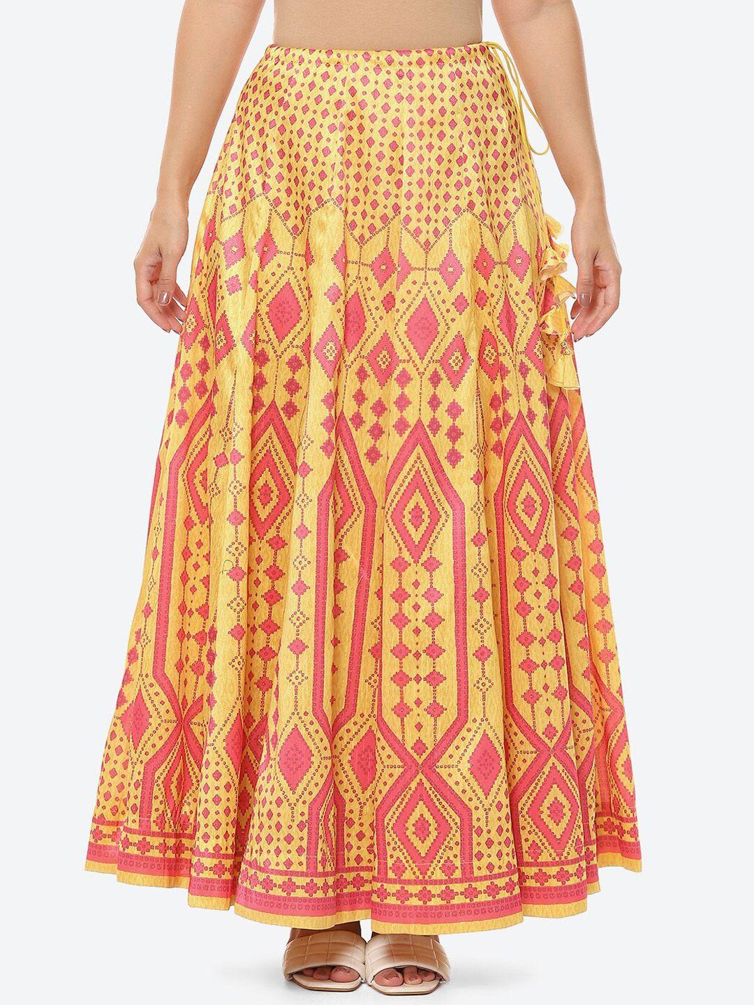 biba women yellow printed flared skirt
