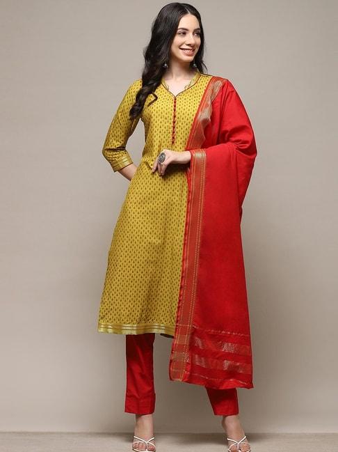 biba yellow & red cotton printed unstitched dress material