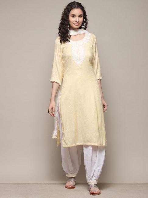 biba yellow & white cotton embroidered unstitched dress material