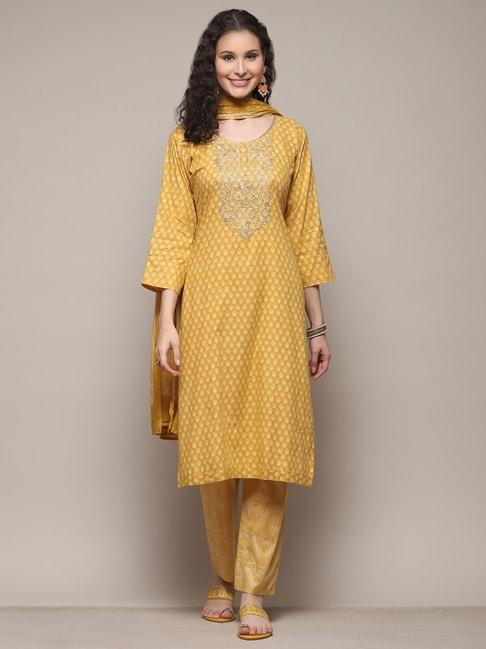 biba yellow cotton printed unstitched dress material