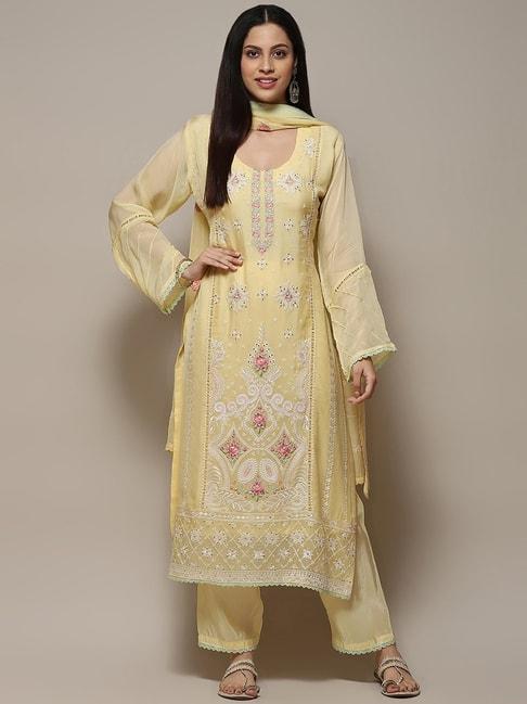biba yellow embroidered unstitched dress material