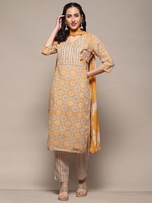 biba yellow printed unstitched dress material