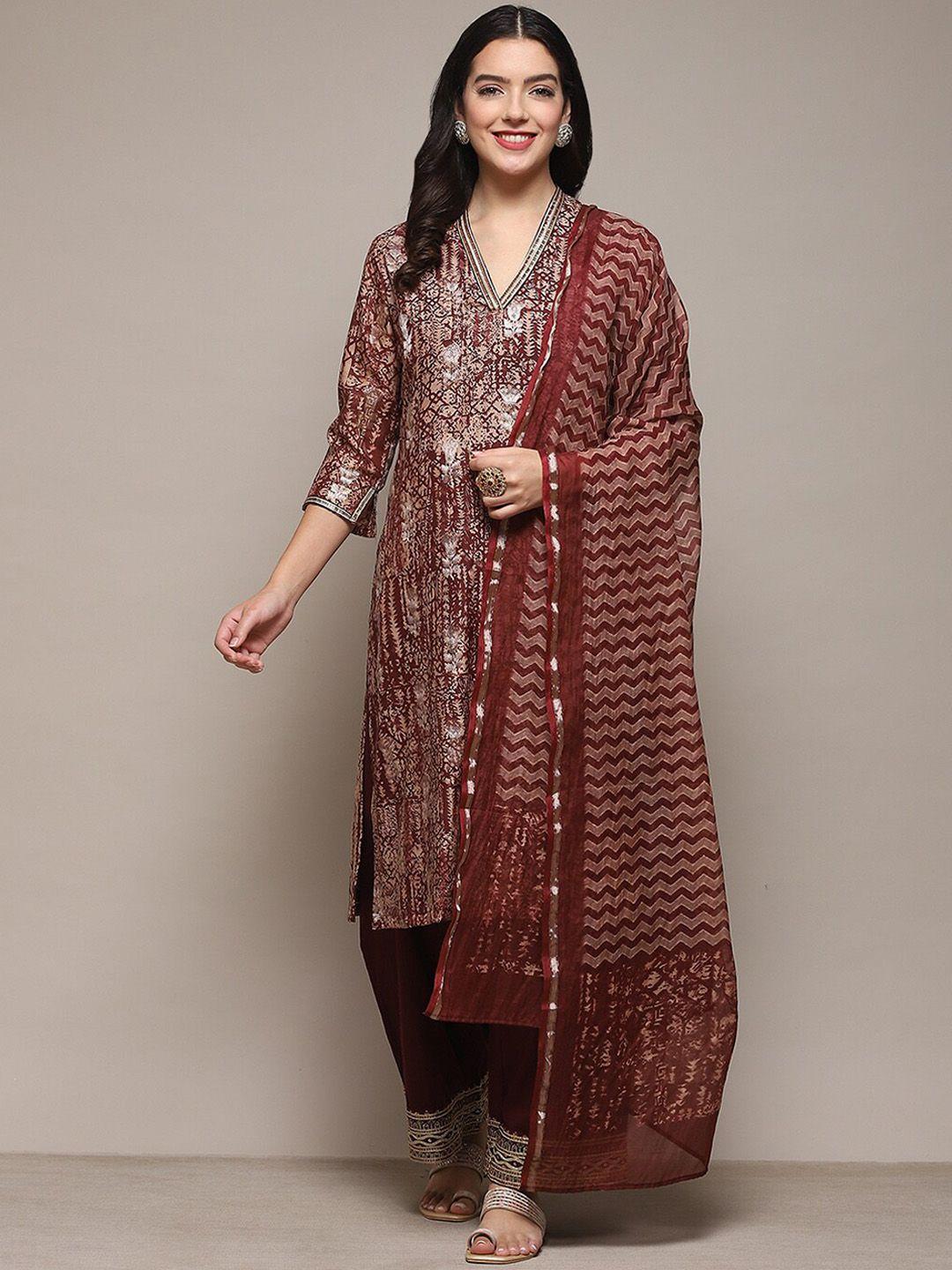 biba abstract printed v-neck sequinned straight kurta & palazzos with dupatta