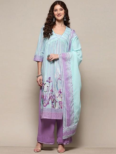 biba aqua blue & purple cotton floral print kurta palazzo set with dupatta