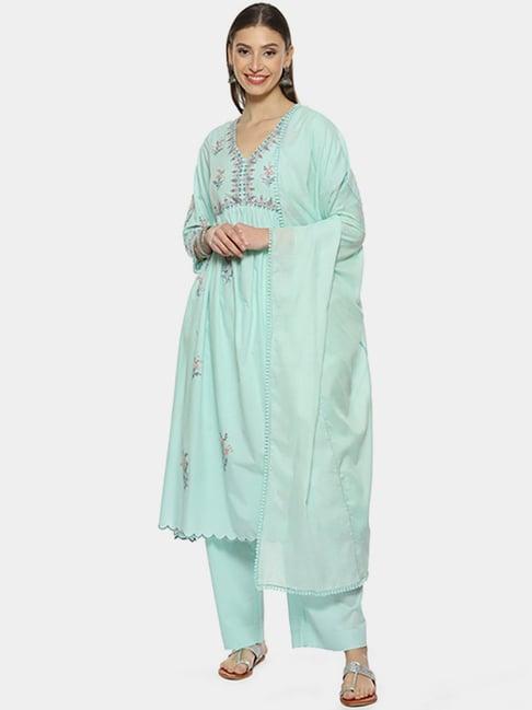 biba aqua blue cotton embroidered kurta palazzo set with dupatta