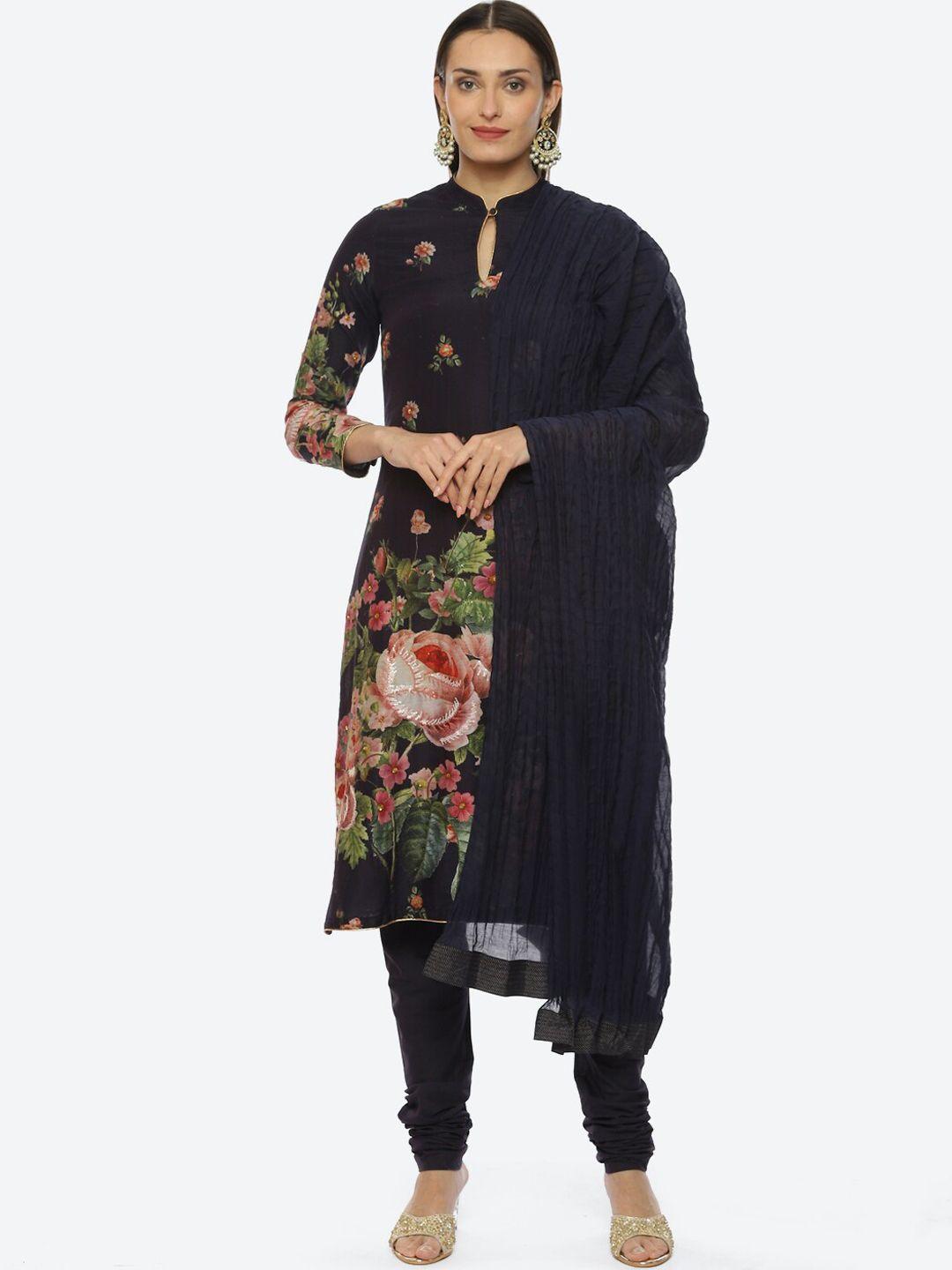 biba band neck printed sequinned chanderi silk kurta with churidar & dupatta by rohit bal