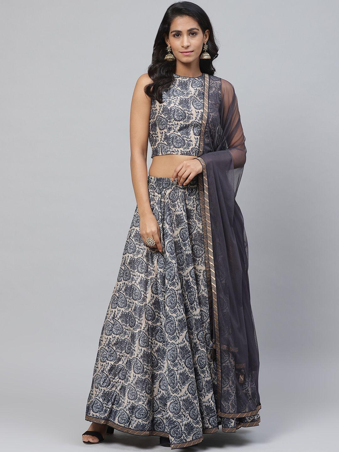 biba beige & navy blue printed ready to wear lehenga & blouse with dupatta