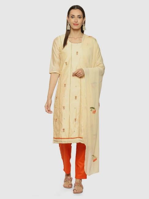 biba beige & orange embroidered unstitched dress material with dupatta