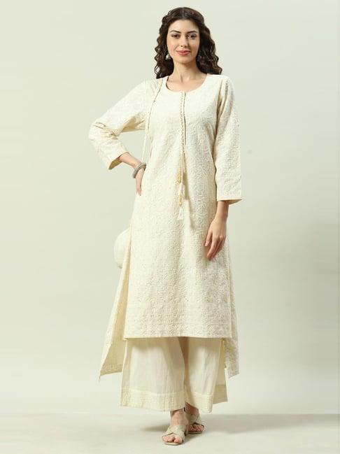 biba beige cotton embroidered kurta palazzo set with potli bag