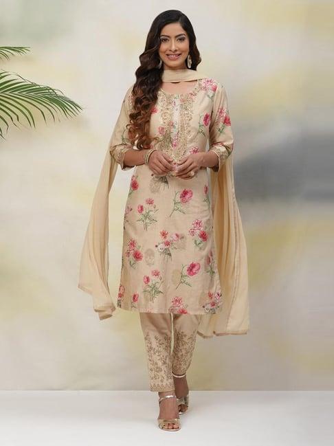 biba beige cotton embroidered kurta pant set with dupatta