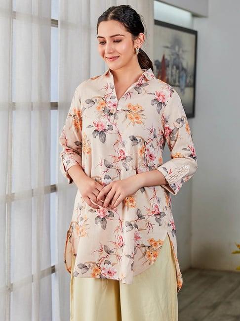 biba beige cotton floral print straight kurta