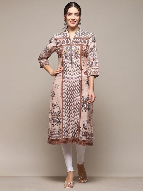 biba beige cotton printed a line kurta