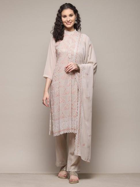 biba beige embroidered unstitched dress material