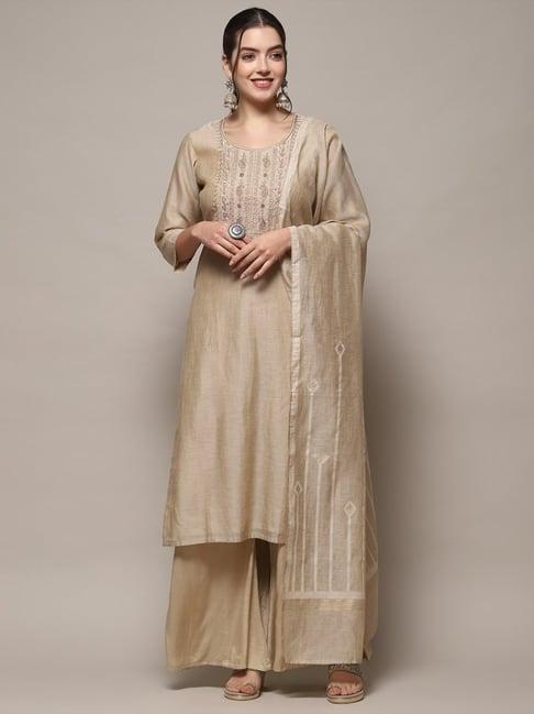 biba beige embroidered unstitched suit set