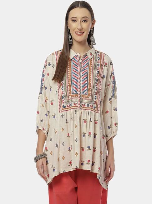 biba beige printed a line short kurti