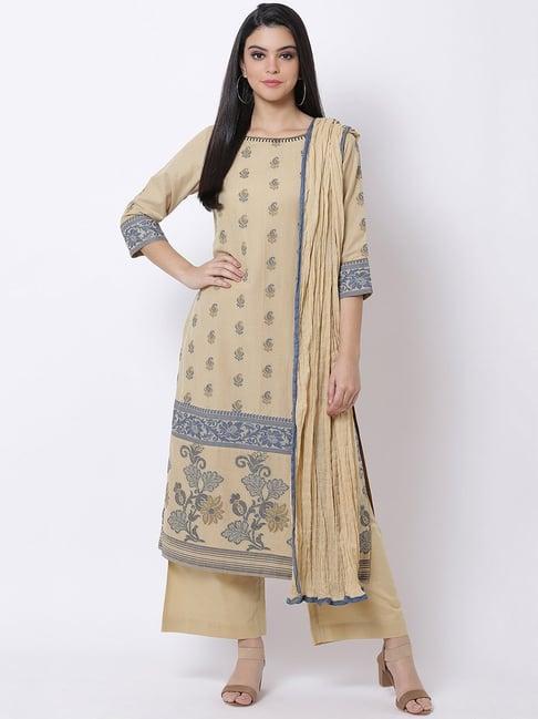 biba beige printed kurta with palazzo & dupatta