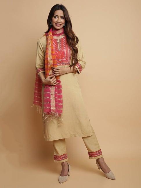 biba beige printed kurta with pant & dupatta