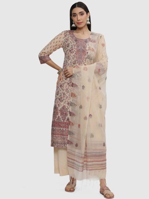 biba beige woven pattern kurta palazzo set with dupatta