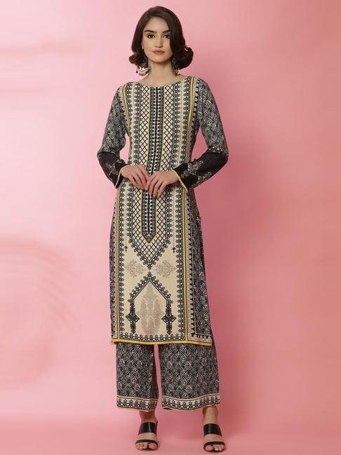 biba black & beige printed straight kurta with mask