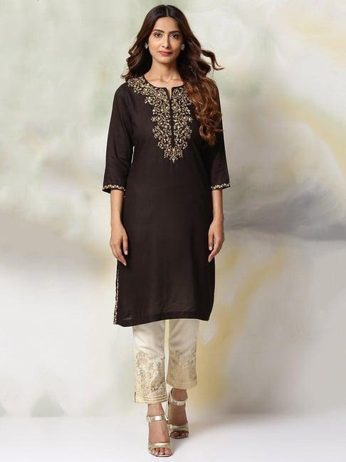 biba black & cream zari kurta pant set