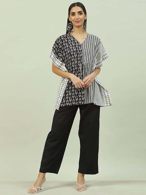 biba black & white cotton printed kaftan pant set