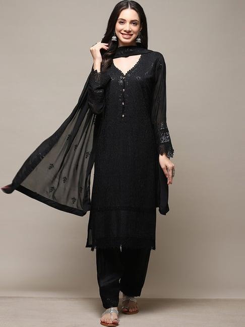biba black embroidered unstitched dress material