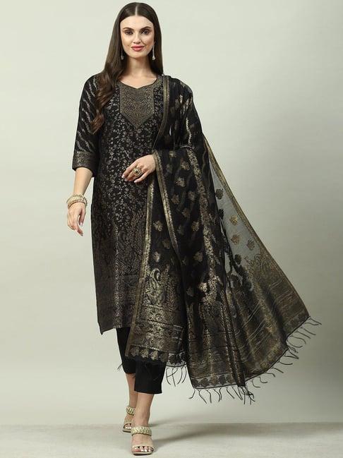 biba black floral kurta with pants & dupatta