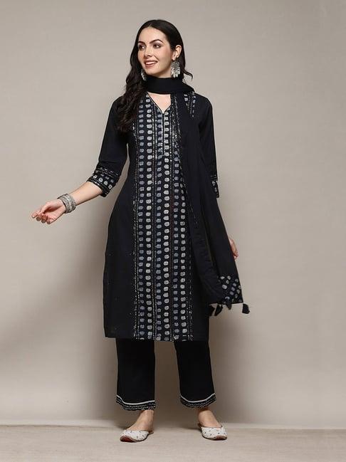 biba black printed kurta with pant & dupatta