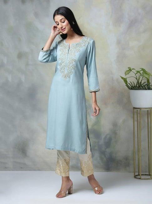 biba blue & beige zari kurta pant set