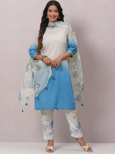 biba blue & grey printed kurta pant set with dupatta