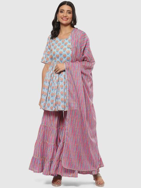 biba blue & pink cotton floral print kurti sharara set with dupatta