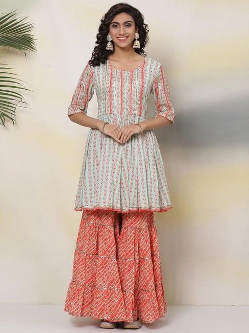 biba blue & pink printed kurta sharara set with dupatta