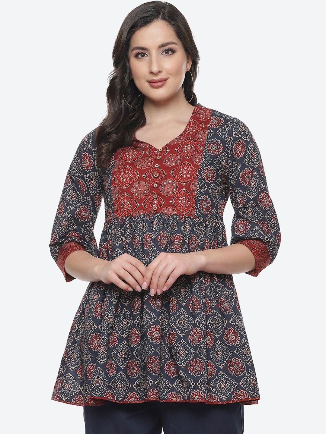 biba blue & red ethnic motifs printed v-neck pure cotton pleated kurti