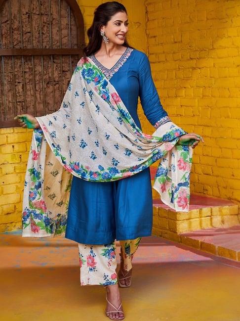 biba blue & white cotton embroidered kurta palazzo set with dupatta