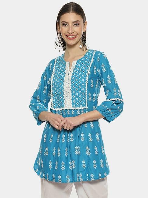 biba blue cotton embroidered a line short kurti