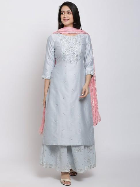 biba blue cotton embroidered kurta palazzo set with dupatta