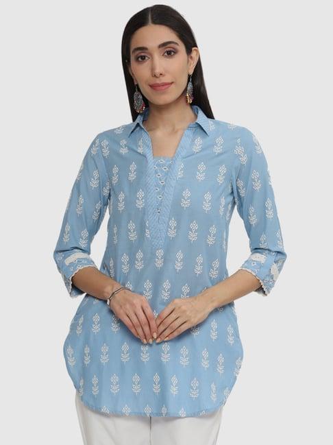 biba blue cotton embroidered straight short kurti