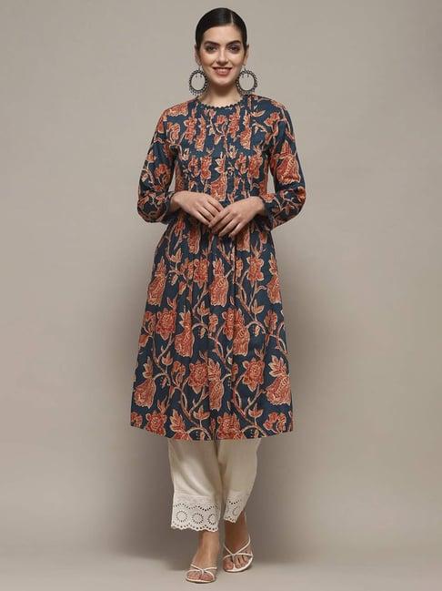 biba blue cotton printed a line kurta