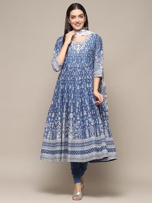 biba blue cotton printed kurta churidar set with dupatta